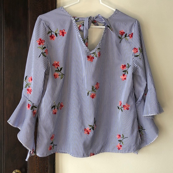 XL Boutique Striped Floral Blouse Flutter Sleeve - Picture 3 of 5
